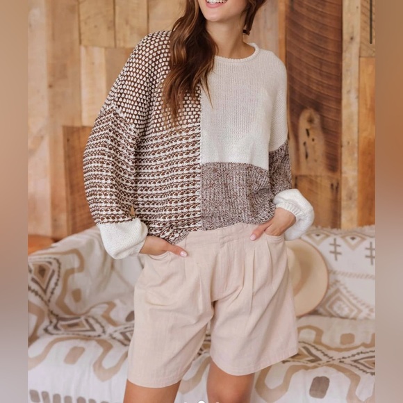 Blu Pepper Women's Scoop Neck Color Block Cream and Tan Knit Sweater L - Picture 3 of 14